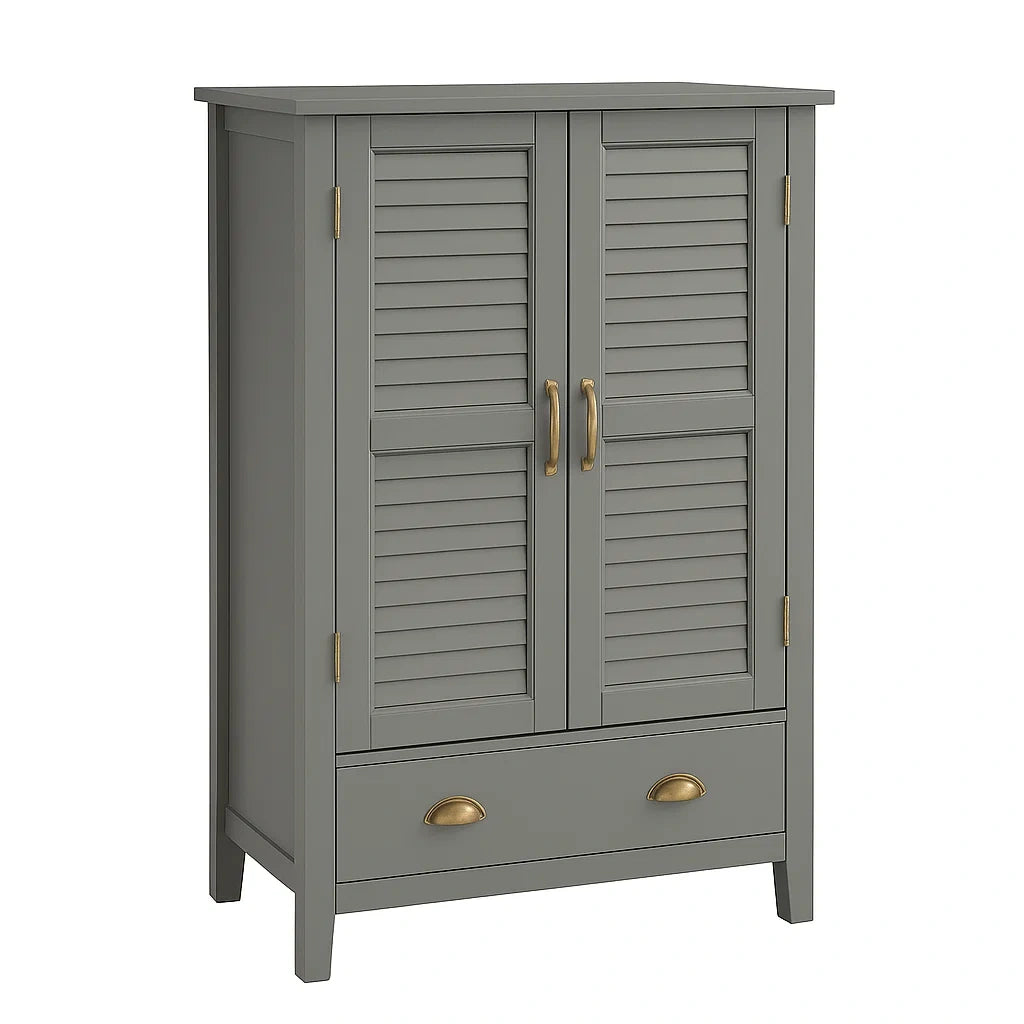 Holzschrank mit Lamellentüren und Schublade in Grau