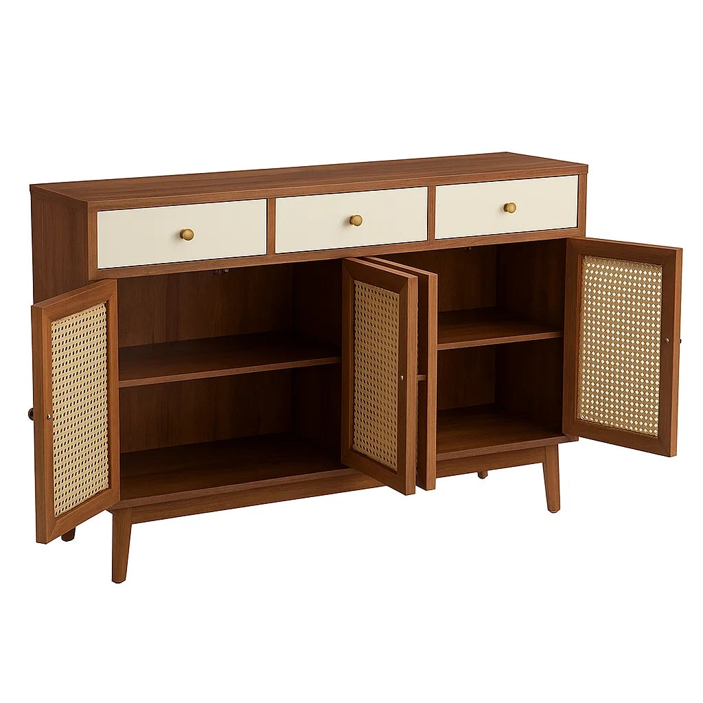 Sideboard Holzfaserplatte mit Rattantüren und Schubladen in Natur und Creme