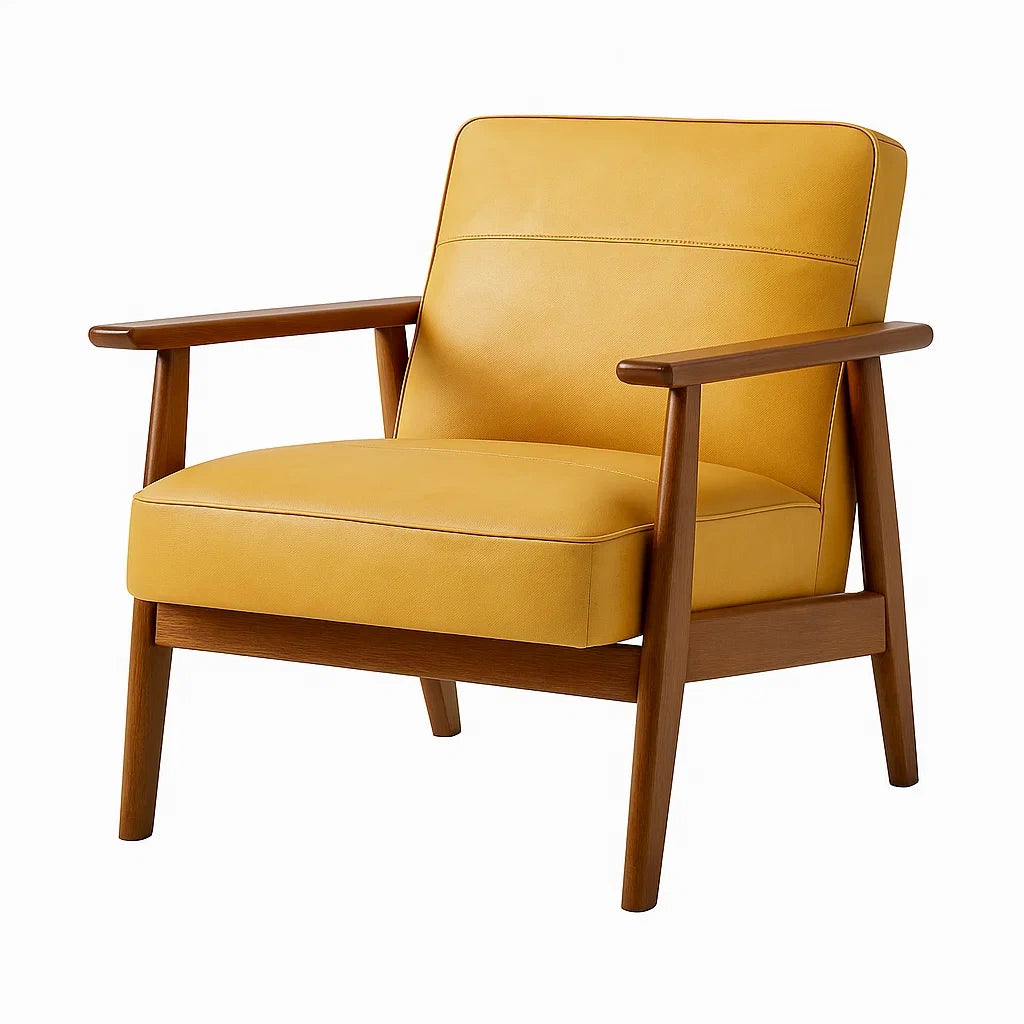 Gelber Sessel aus Holz und PU-Leder, 72 cm hoch