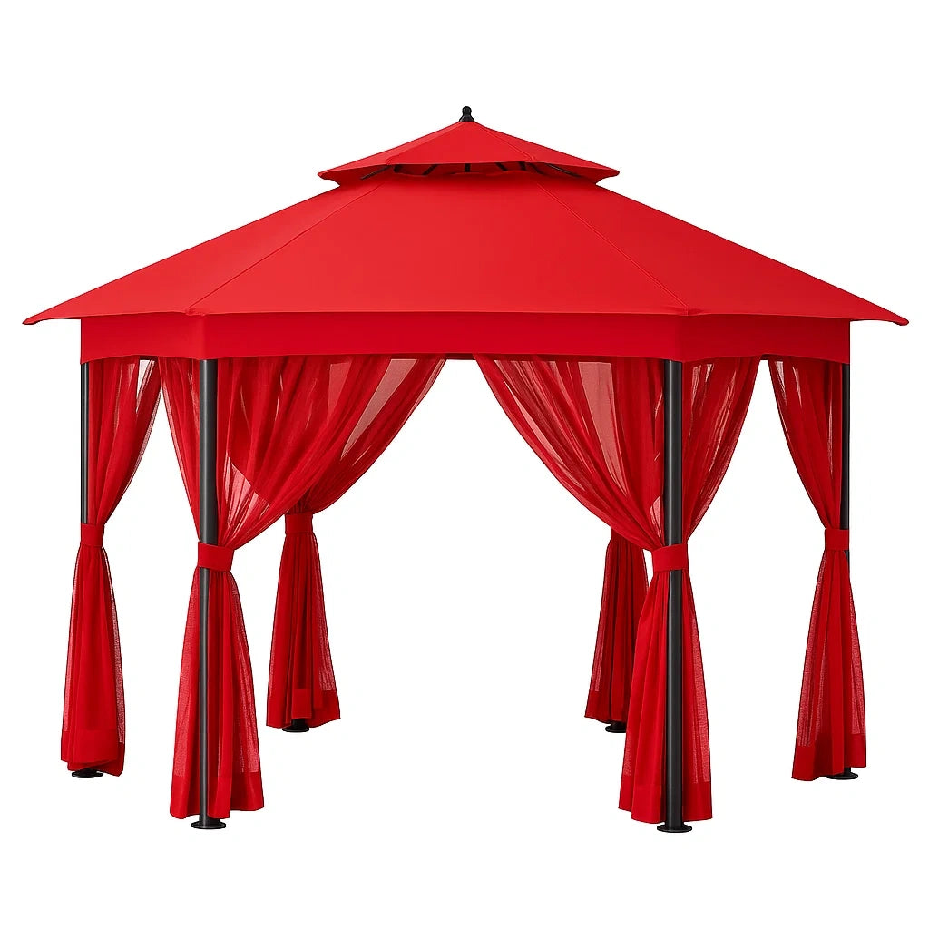 Metall Gartenpavillon mit Polyester Vorhängen Rot 3x3m