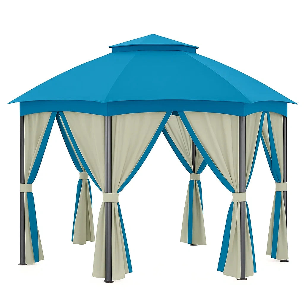 Pavillon Metall Blau mit Polyester Vorhängen 3x3x2.7m