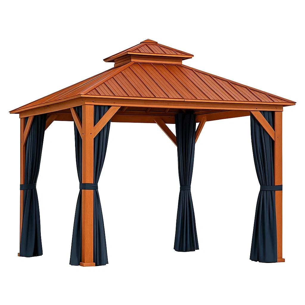 Holzpavillon mit Stahl-Dach und Polyester-Vorhängen 300x300x270 cm
