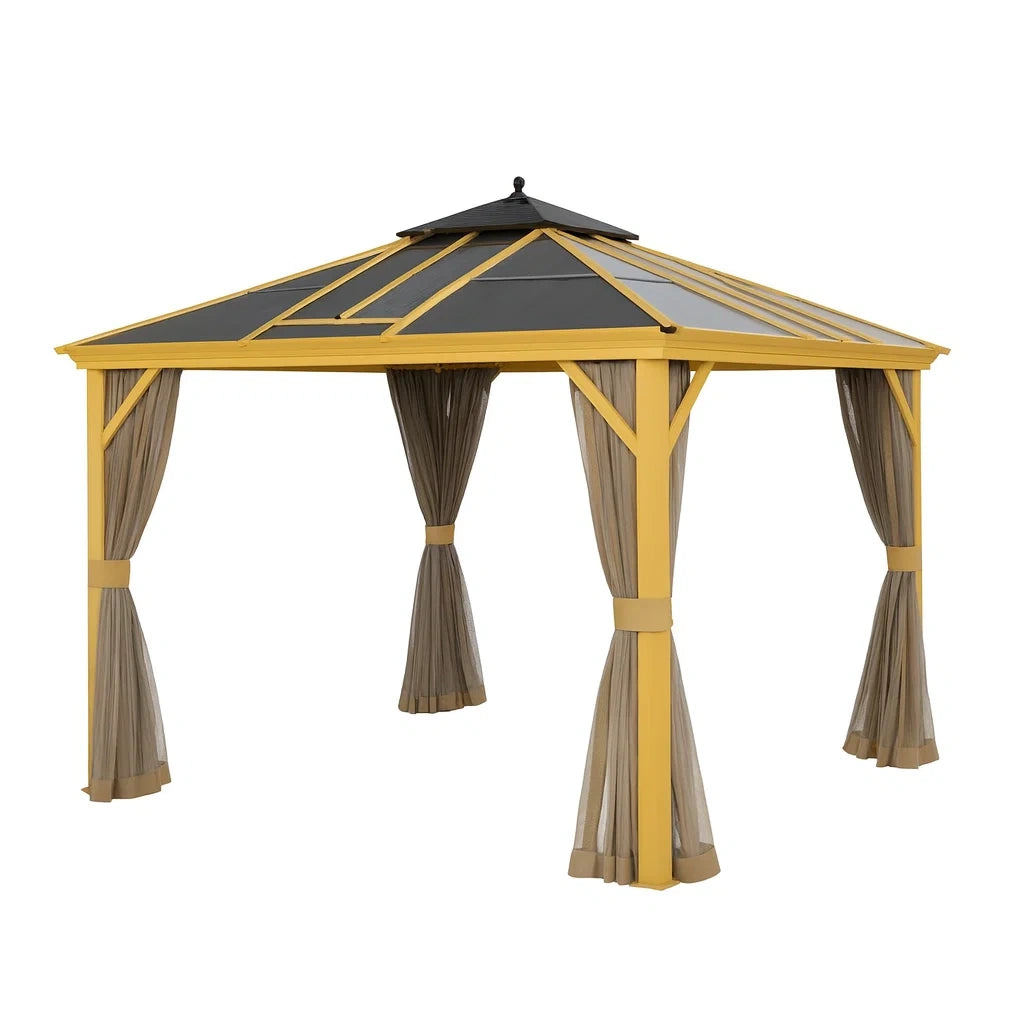 Metallpavillon mit Polycarbonat-Dach und Vorhängen 365x365x267cm Gelb/Schwarz