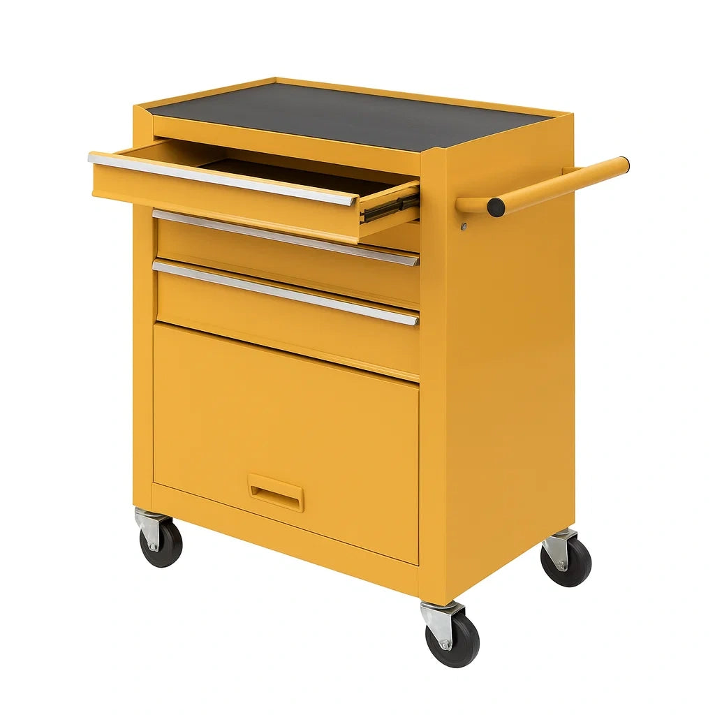 Gelber Metall-Werkzeugwagen mit Schubladen und Rollen