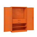 Stahlschrank mit Lochblechtüren und Schubladen Orange