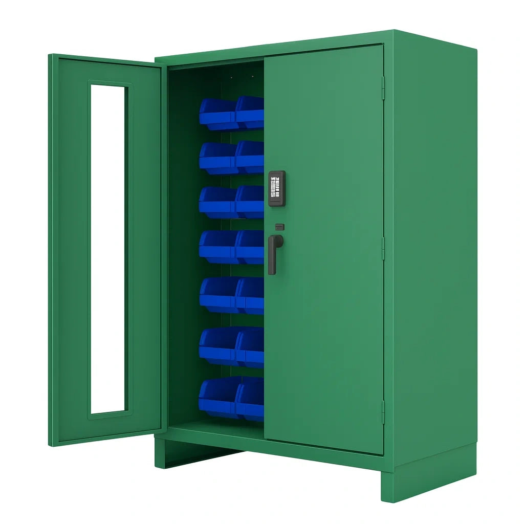 Grüner Stahlschrank mit blauen Einsatzkästen und Zahlenschloss
