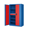 Stahlschrank Blau/Rot mit Regalen und Schublade