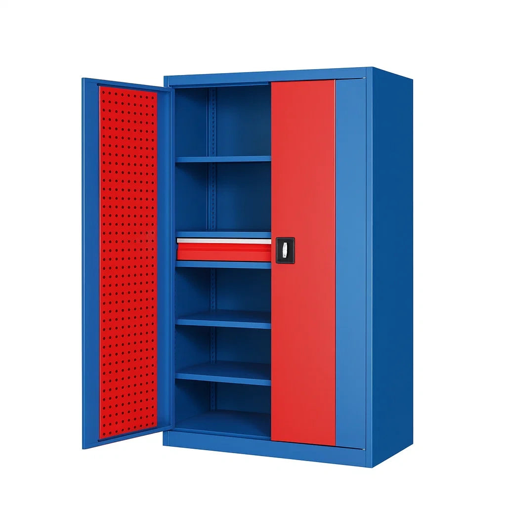 Stahlschrank Blau/Rot mit Regalen und Schublade