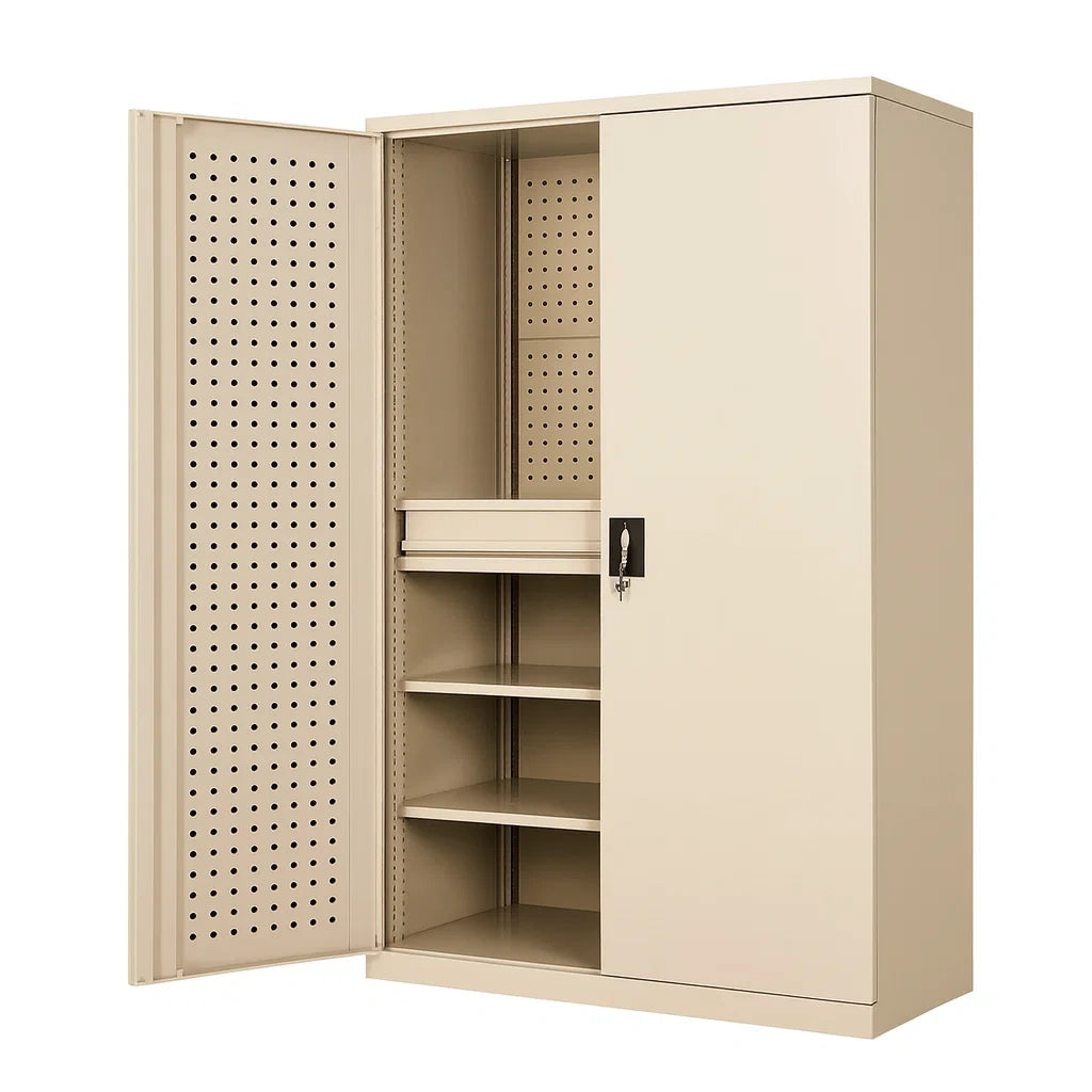 Metallschrank mit Lochblech und 3 verstellbaren Einlegeböden, 180x90x40 cm, Beige